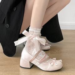LBSFY -Lolita Cross Strap Pink Round Toe Shoes Ladies Sweet Butterfly Knot Med Heels Mary Janes Shoes Women Fashion Party Shoes Mujer