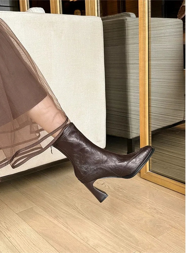 LBSFY -2025 Vintage High Heel Women Ankle Boots Fashion Square Toe Short Booties Autumn Winter Ladies Shoes Botas Mujer