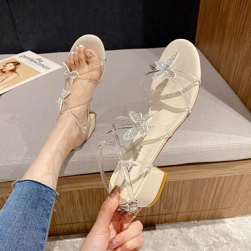 LBSFY  -Sandals for Women Clear Bow Party Weddings Transparent Woman Shoes Diamond with Low Heels Rhinestones Jelly Asian Size on Sale H