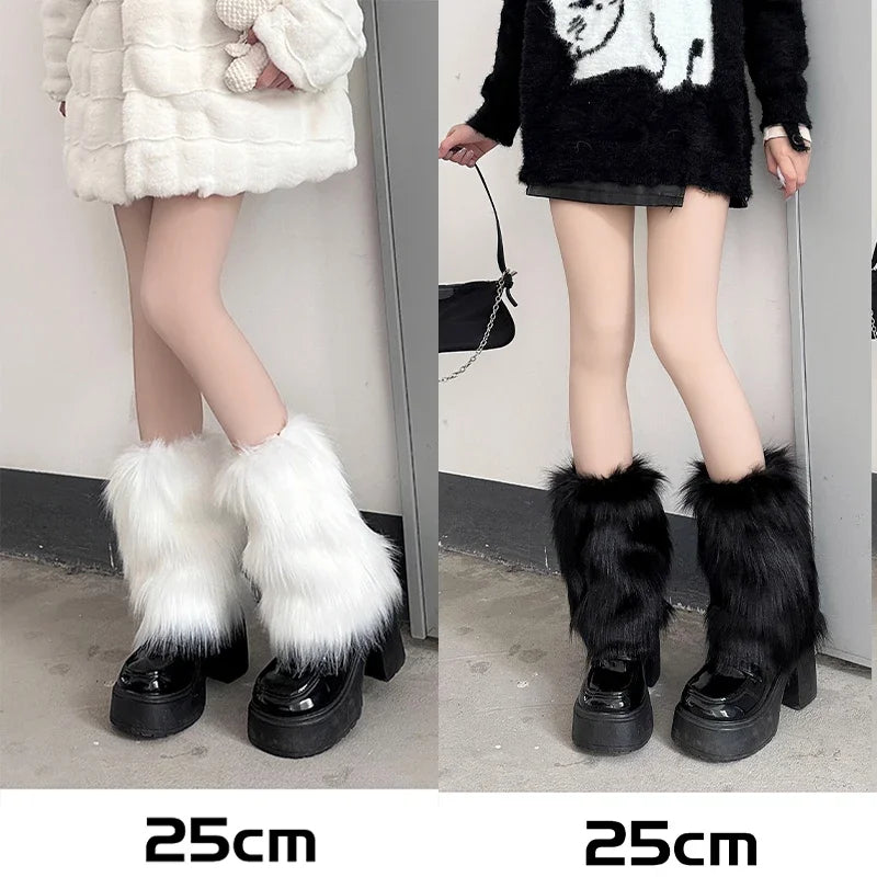 Lbsfy Japanese White Faux Fur Leg Warmers Boot Covers Y2K Goth Solid Leg Socks Punk Jk Knee-length Hiphop Hotgirl Fashion Warm Sock