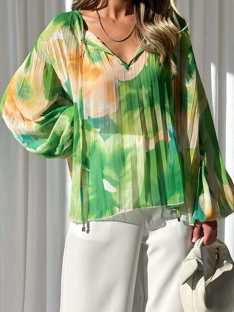 LBSFY  -   Print Blouse Women Pullover Long Sleeve Lace-up Loose Casual Vacation Shirts Blouse Tie-Dye Print