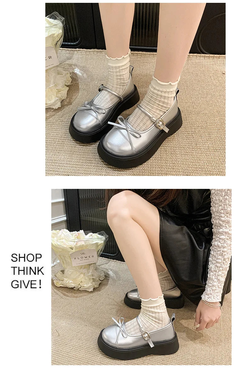 LBSFY -French bowknot Mary Jane Platform Shoes Woman 2025Buckle Strap Pu Leather Casual Shoes Woman Thick Sole Student Jk Uniform Shoes