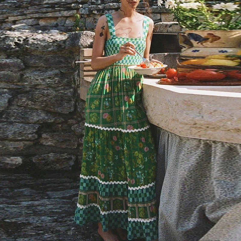 LBSFY  -  Women High Waist Pleated Long Dress 2024 Summer Floral Print Bohemian Vacation Dress Ladies Fashion Strap Sleeveless Maxi Dress