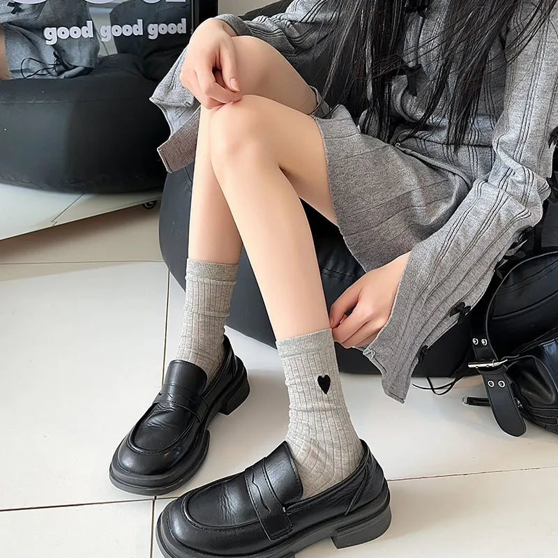 Lbsfy Women Socks Cotton Female Japanese Sweet Style Love Embroidered Mid-tube Spring Summer Thin Cute Girls Solid Color Stripe Socks
