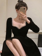LBSFY -French Velvet Party Dress for Women Elegant Long Sleeve A-Line Vestidos Robe Female One Piece Mini Birthday Evening Dresses New