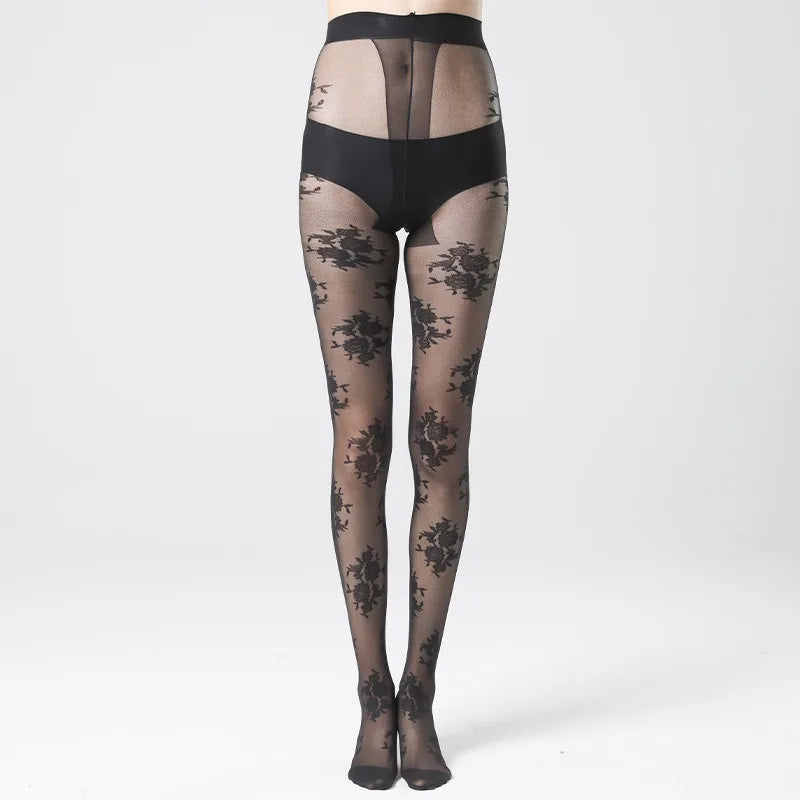 Lbsfy Feminine Mesh Jacquard Tights Summer Spring Rose Flowers JK Fishnet Pantyhose 7 Colors Woman Thin Long Black Stockings