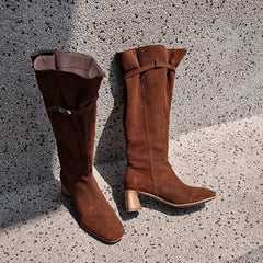 LBSFY  -  Ins Hot Cow Suede Leather Knee High Boots Round Toe Slip On High Heels Buckle Black Brown Women Boots Fashion Shoes