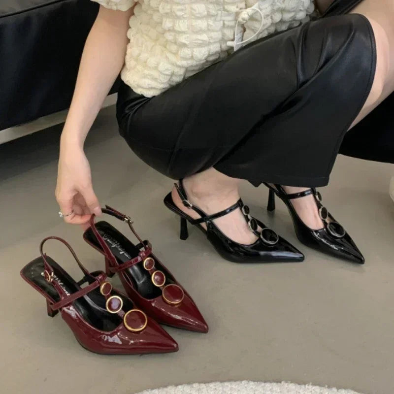 LBSFY  -  Sexy Thin High Heels Women Designer T-Strap Banquet Dress Shoe Button Hollow Pointed Toe Office Pumps Female Brand Sandals Women