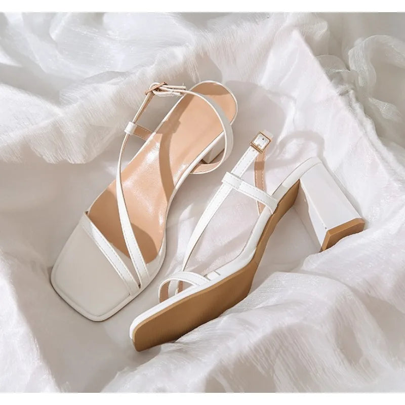 LBSFY -Women Sandals Ladies Square Heels Elegant Summer Slippers Outside Cross Tied Leather Female Slides 2025 Fashion Woman Sandals