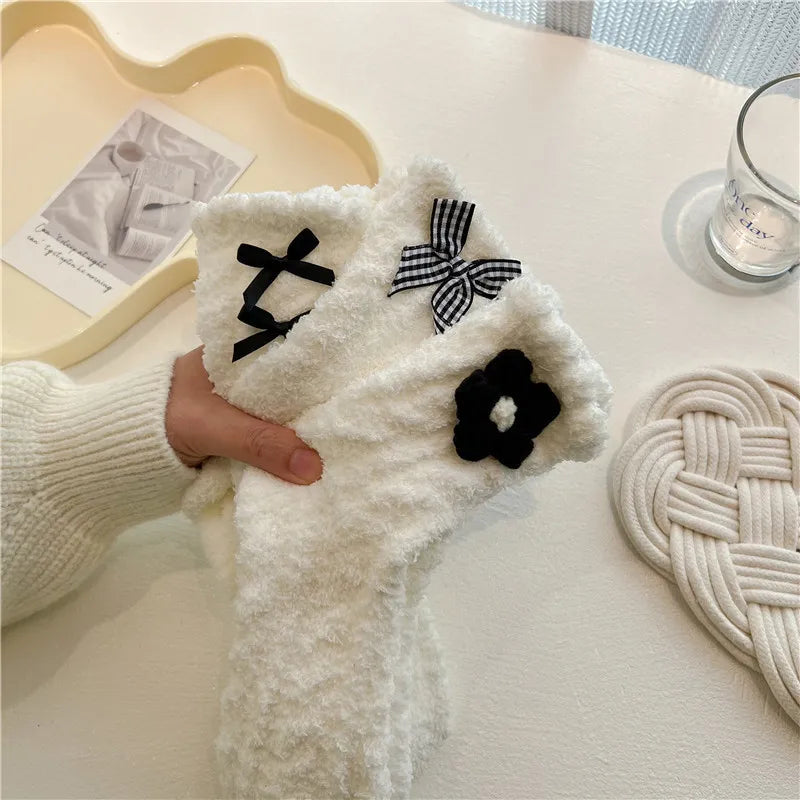 Lbsfy Women Cute Fuzzy Socks White Black  Winter Warm Fleece Kawaii Flower Bowknot Fluffy Socks Fashion Thicken Home Floor Sleep Sock