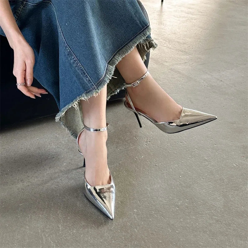 LBSFY -Gold Silver Ankle Buckle Strap Women Pumps Sexy Thin High Heels Pointed Toe Slingback Mules Dress Designer Shoes