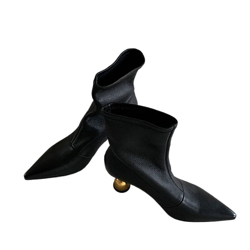 LBSFY -New Style Fashion Women High Heels Short Leather Boots Female Pointed Thin Heel Boots Ladies Ankle Short Boots Zapatos De Mujer