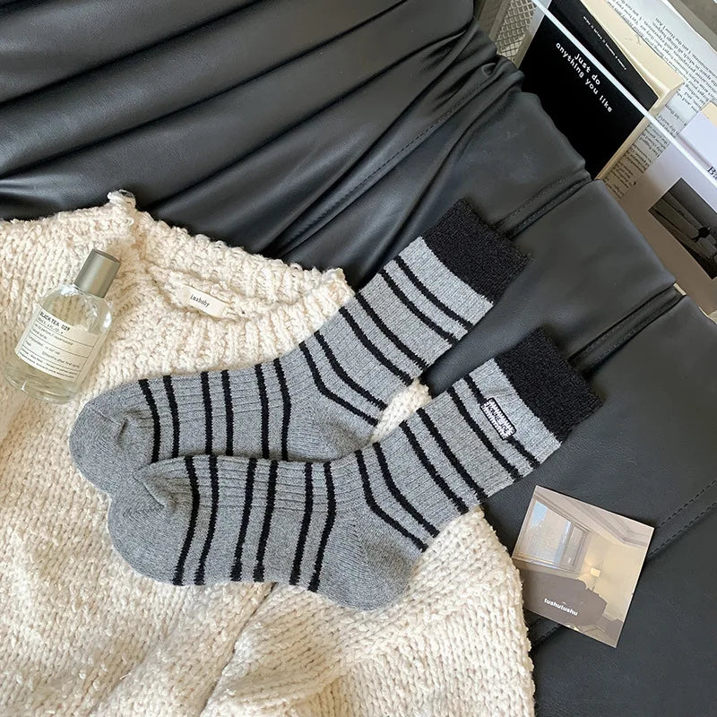 Lbsfy Wool Winter Thick Warm Cute Socks Cotton Korean Wool Stripe Designer Socks Middle Tube Kawaii Casual Harajuku Women Socks