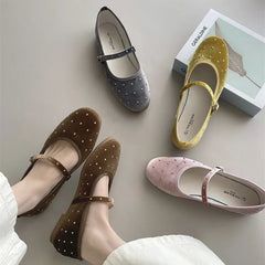 LBSFY -Rivet Decor Velvet Mary Janes Shoes Women Round Toe Elegant Ballet Flats Shoes Ladies Buckle Strap Spring Autumn Loafers New