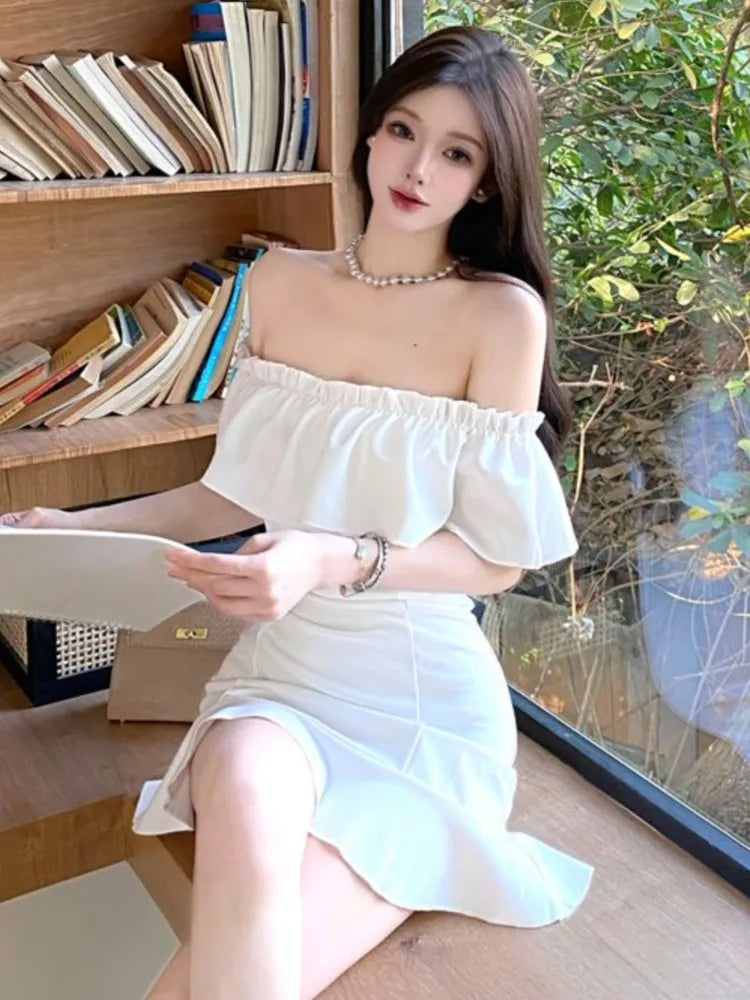 LBSFY -French White Ruffles Women's Short Dress Bodycon Slash-Collar Sexy Sweet Slim Fit Shoulder Party Evening Dresses Summer New 2025