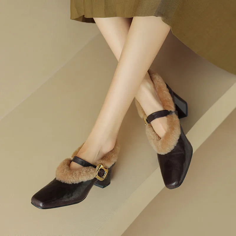 LBSFY  -  Fashion Pumps New High Quality Genuine Leather Plush Mary Jane Shoes Winter Warm High Heels Women's Shoes