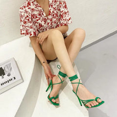 LBSFY  -  New Summer Women Sandals Thin Heels Ankle Strappy Square Toe  Stiletto Ladies Narrow Band Flip-Flop Sandals Party Shoes Size 41