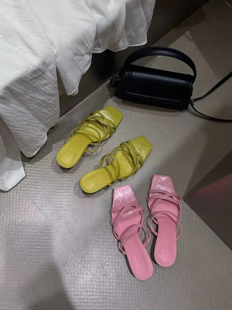 LBSFY  -  Candy Color Women Slides Slippers Open Narrow Band Summer Outside Mules Shoes Thin High Heels Slip On Casual Party Pumps 35-39