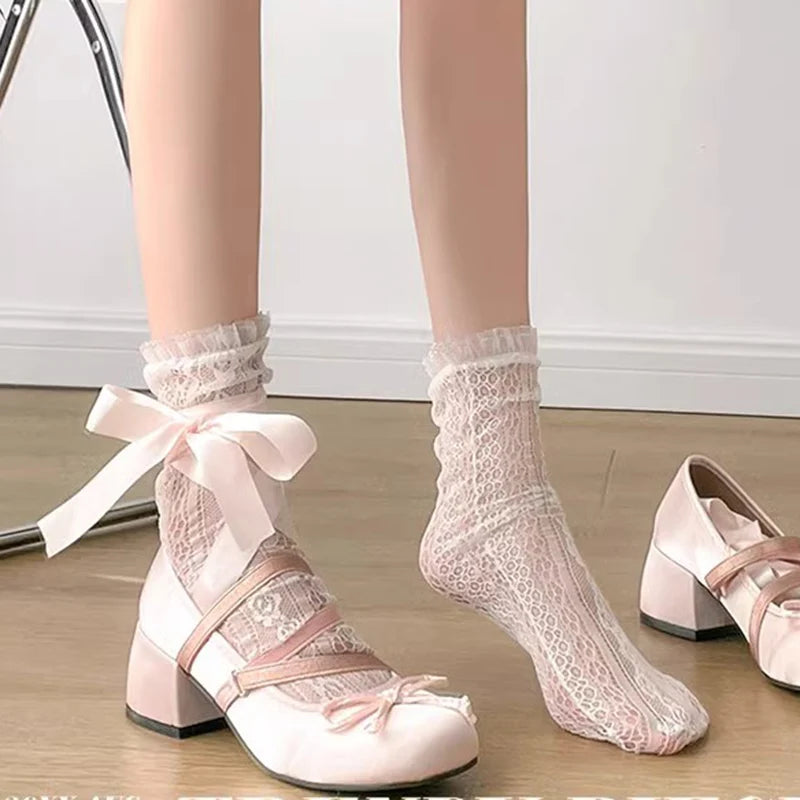LBSFY -Lolita Cross Strap Pink Round Toe Shoes Ladies Sweet Butterfly Knot Med Heels Mary Janes Shoes Women Fashion Party Shoes Mujer