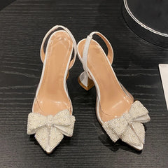 LBSFY  -Fashion Design White Pearl Bowknot Women Pumps Sexy Pointed Toe High Heels Wedding Prom Shoe PVC Transparent Sandal Female
