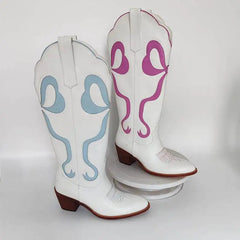 LBSFY  -  Women Pink Pull-on Knee High Cowgirl Boots with Bow  Comfy Women Big Size Cowboy Boots