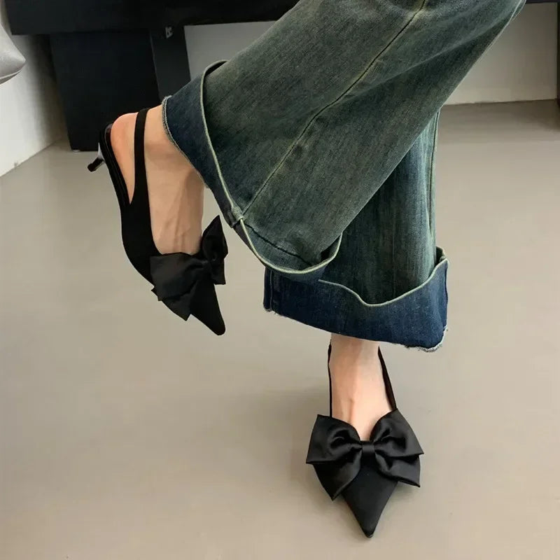 LBSFY  -  Elegant Bow Design Back Strap Small Heel Mules Sandals Women Fashion Satin Pointed Toe Medium Heel Summer Women Pumps Tacones