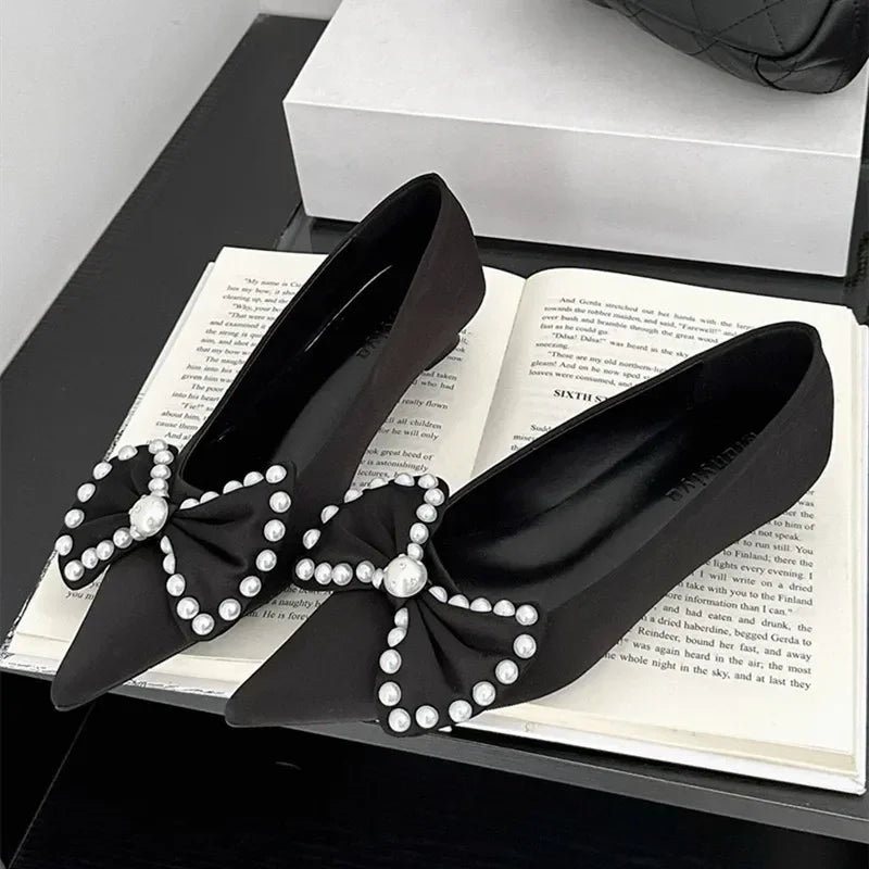 Lbsfy Bowknot Elegant Office Women Shoes Shallow Fashion Satin Pearl Low Heel Dress Shoes Pointed Toe Comfort Loafers Mules Shoes