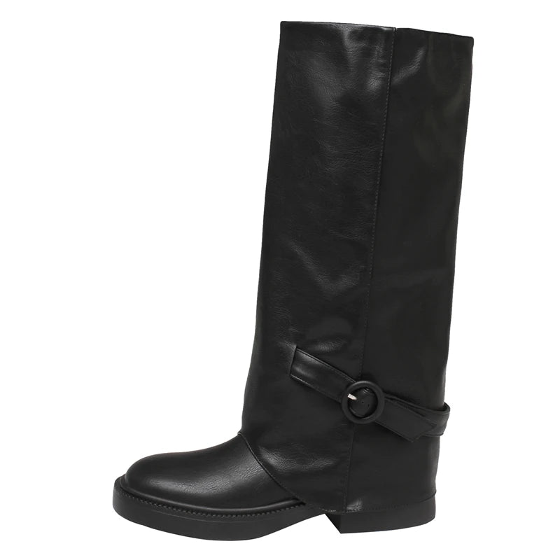 LBSFY  -  HOT Genuine Leather Boots Women Buckle Slip On Knee High Boots Brown Black Fashion Modern Botas Ladies Shoes