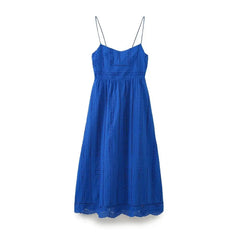 LBSFY -Fashion Hollow Out Embroider Spaghetti Strap Long Dress Blue Vaation Beach Casual Women Dress Loose Female Summer Vestidos