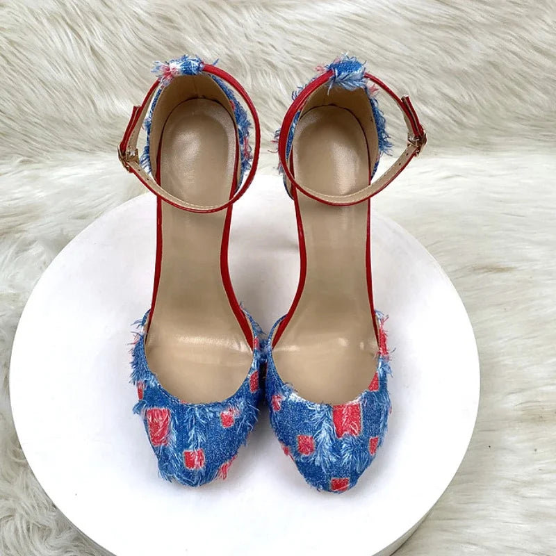 LBSFY  -  Sexy Designer Thin High Heels Women Round Toe Denim Striptease Party Banquet Shoes Height 12cm Hollow Luxury Brand Sandals Women