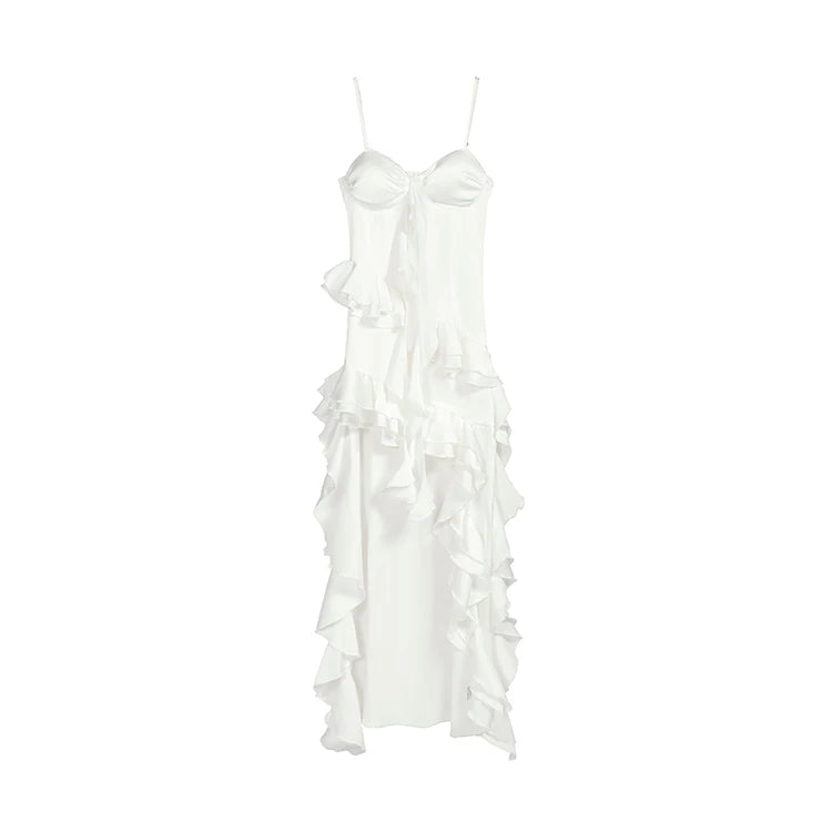 LBSFY -Backless Sexy Elegant Women Slip Dresses Summer New Fashion White Ruffles Asymmetrical Vacation Party Club Split Long Dress