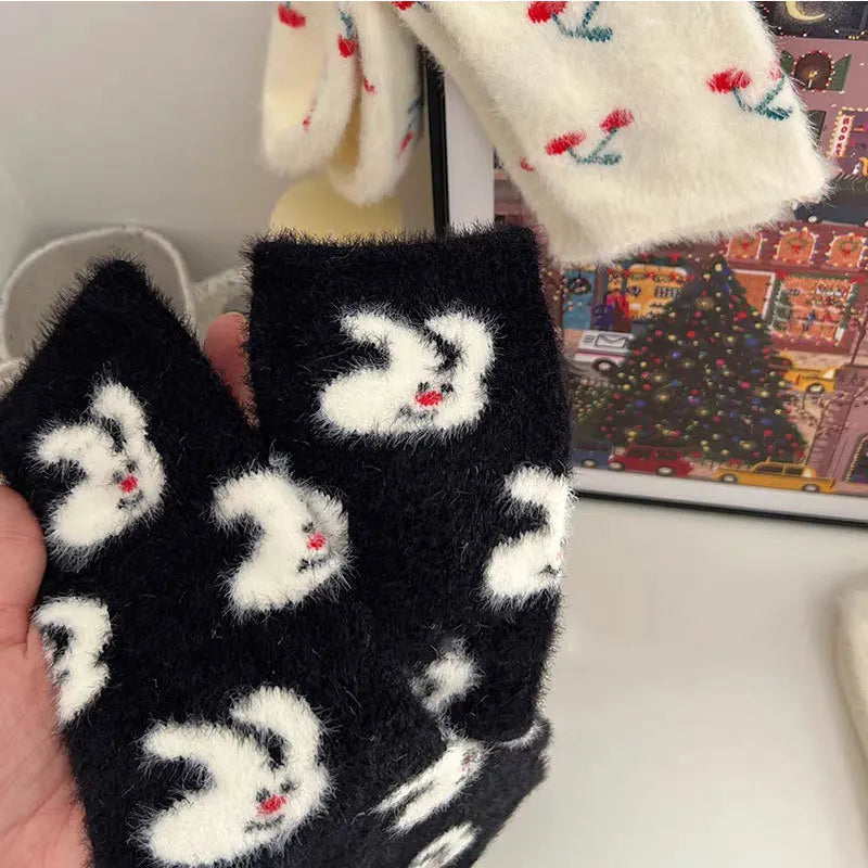 Lbsfy Mink Velvet Socks Women Autumn Winter Cartoon Rabbit Cherry Soft Kawaii Cute Thicken Thermal Coral Velvet Sleep Plush Floor Sock