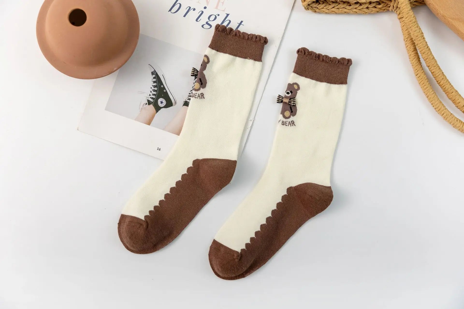 Lbsfy Ruffled Socks Women's Mid-tube Striped Dot Socks Spring Autumn Cotton Japanese Style Cute Kawaii Cartoon Bear Ladies Sports Soks
