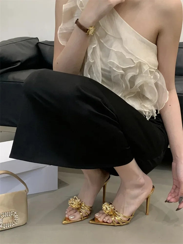 LBSFY -Summer Design Metal Flower Narrow Band Pointed Toe Women Slippers Thin Heels Party Prom Slide Shoes Zapatillas De Mujer
