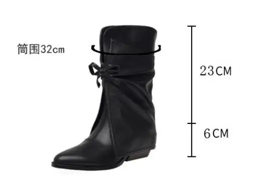 LBSFY  -  Fall Women Light Blue Denim Jeans Black Leather Patchwork Bow Tie Pointed Toe 6 CM Heels Slip On Mid-calf Pants Boots Shoes