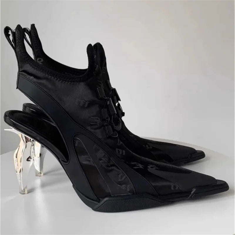 LBSFY  -  Black Elastic High Heels Women's Punk Style Knife Edge Sandals Combat Boots 2024 Spring New Pointed Toe Hollow Breathable Shoes