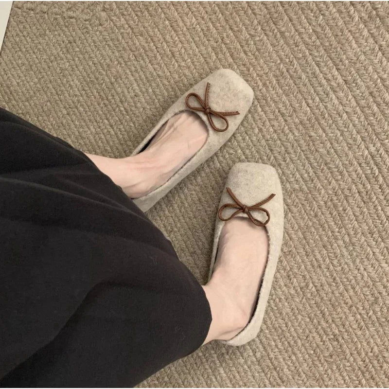 LBSFY -Woman Casual Square Head Bow Flats Flock Mocasines Ballerina Church Flats Female Suede Elegant Soft Sole Women Shoes