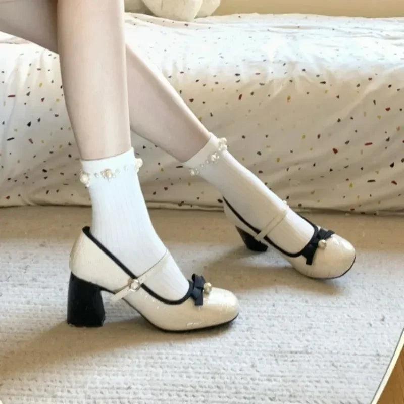 LBSFY -2025 Women's Bow Design Round Toe Low Heel Shoes Cute Girly Style Autum Pu Leather Mid-Heel Lolita Shoes