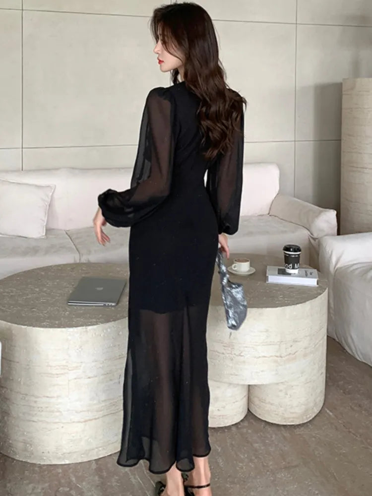 LBSFY -Autumn Solid Bodycon Evening Dresses for Women Elegant V-Neck Ruffles Lace-up Patchwork Long Sleeves Party Dress Female Clothes