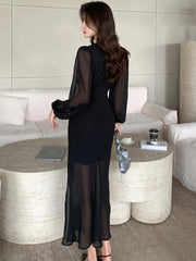LBSFY -Autumn Solid Bodycon Evening Dresses for Women Elegant V-Neck Ruffles Lace-up Patchwork Long Sleeves Party Dress Female Clothes