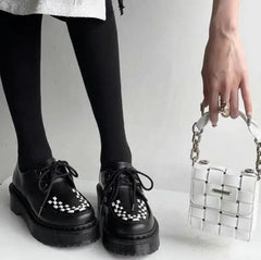 LBSFY  -  Girls Black White Patchwork Checkered Grid Thick Sole Loafers Shoes Women Round Toe Lace Up Height Increasing 6 CM Heels Pumps