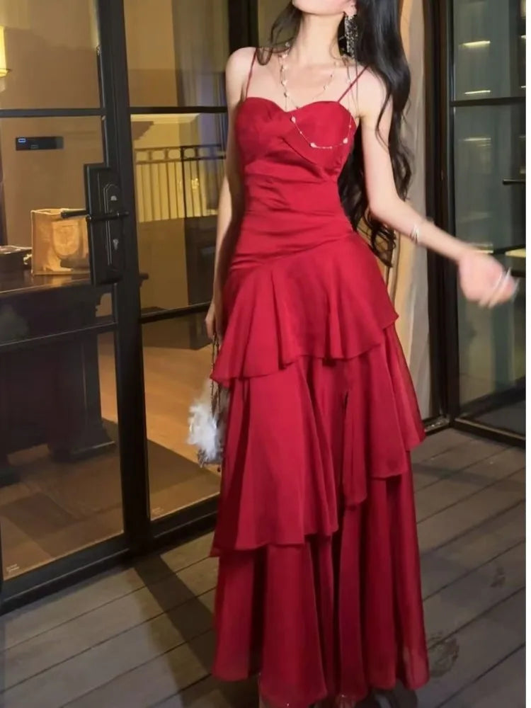 LBSFY -Fashion Elegant Ruffles Spaghetti Strap Women's Dresses Slim Waist Wedding Graduation Party Vacation Tiered Midi Dress Summer