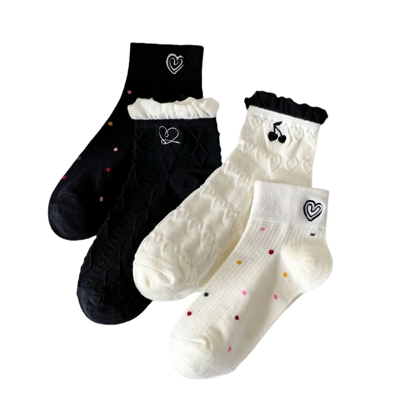 Lbsfy Women's Short Socks Spring Summer Love Cherry Embroidered Casual Cotton Low Tube Ruffle White Black Cute Kawaii Girl Cotton Sock