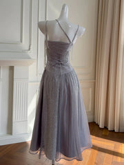 LBSFY -Charming Women's Gray Tulle Midi Dress With Lace Appliques Neckline Sleeveless Party Formal Gown Elegant