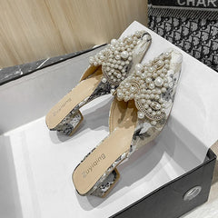 LBSFY -Pearl Half Slippers Women Shoe Autumn Rhinestone Chunky Mid Heel Slipper Sandals Fashion Muller Casual Versatile Single Shoes