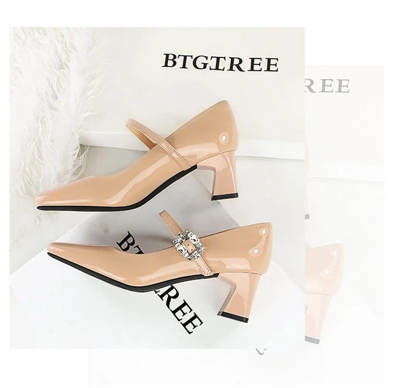 LBSFY -Banquet Mary Jane Women Single Shoes Square Toe Light Mouth Patent Leather One-Striped Rhinestone Buckle Thick Heel Medium Heel