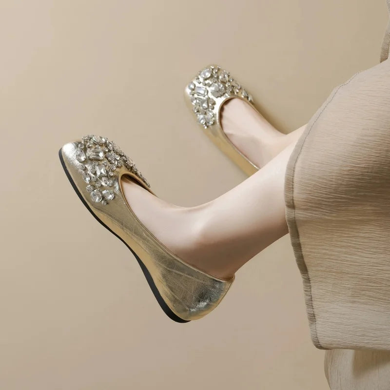 LBSFY -New Style Shallow Women Flat Shoes Square Toe Slip-on Outdoor Female Single Shoes Summer Solid Color Versatile Crystal Sandals