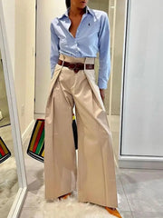 LBSFY  -  Solid Color Cotton Blended Pants for Urban Female High Waist Folded Wide Leg Trousers Women's Loose Fit Casual Pants