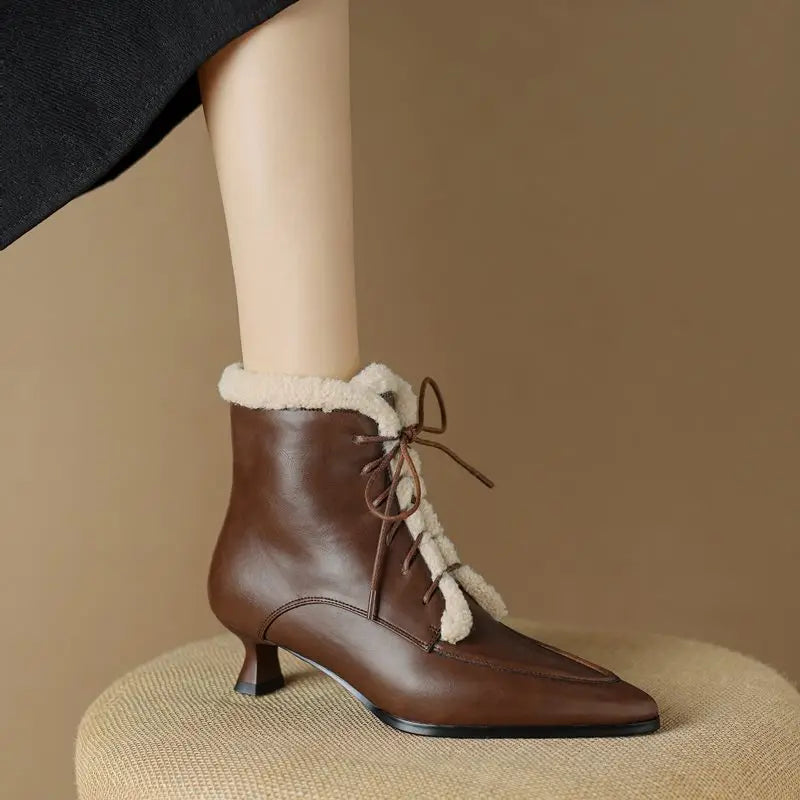 LBSFY  -   Fashion Thick Fur Winter Ankle Boots Pointed Toe Lace Up Med Heels Ankle Boots Zipper Ladies Warm Snow Boots