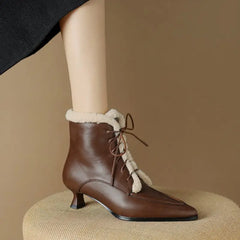 LBSFY  -   Fashion Thick Fur Winter Ankle Boots Pointed Toe Lace Up Med Heels Ankle Boots Zipper Ladies Warm Snow Boots